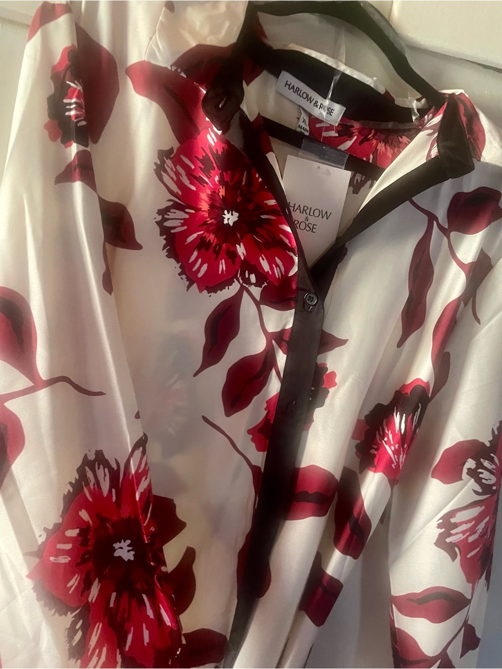 Silk Floral Shirt Dress in Cream and Red - Picture 5 of 6